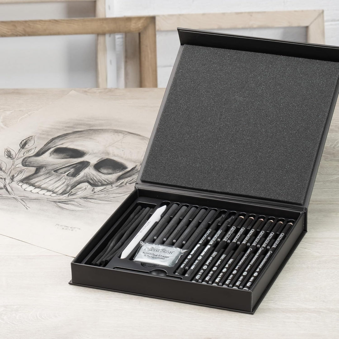 CRETACOLOR 400 61 Black Box, Reisskohle Set mit Nero-Stifte & Monolith Graphitstifte, inkl. Radiergu