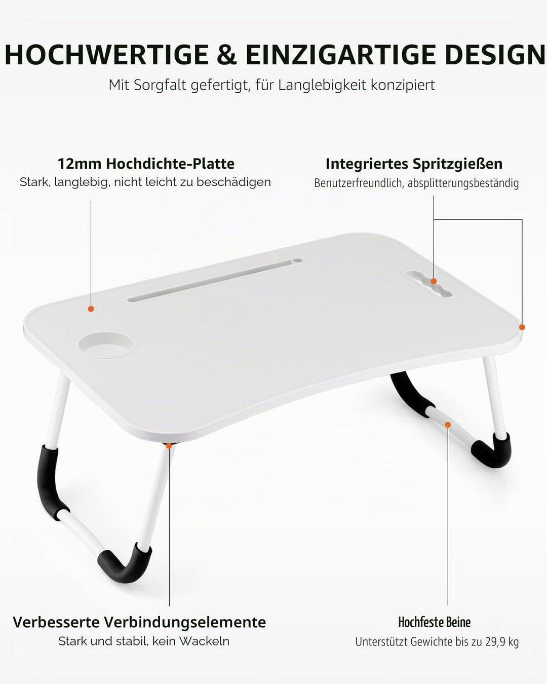 Faltbarer Laptoptisch, tragbarer Schossschreibtisch, Betttisch, Laptopständer mit Getränkehalter & T