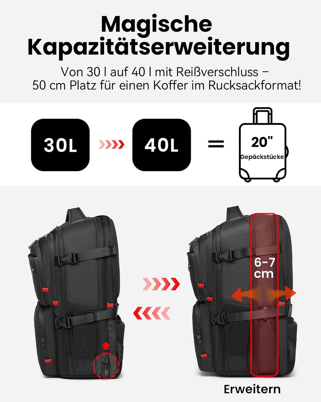 CROSSGEAR Reiserucksack 30–40L Erweiterbar Grosser Rucksack, TSA-freundliches, Handgepäck Auf Flügen
