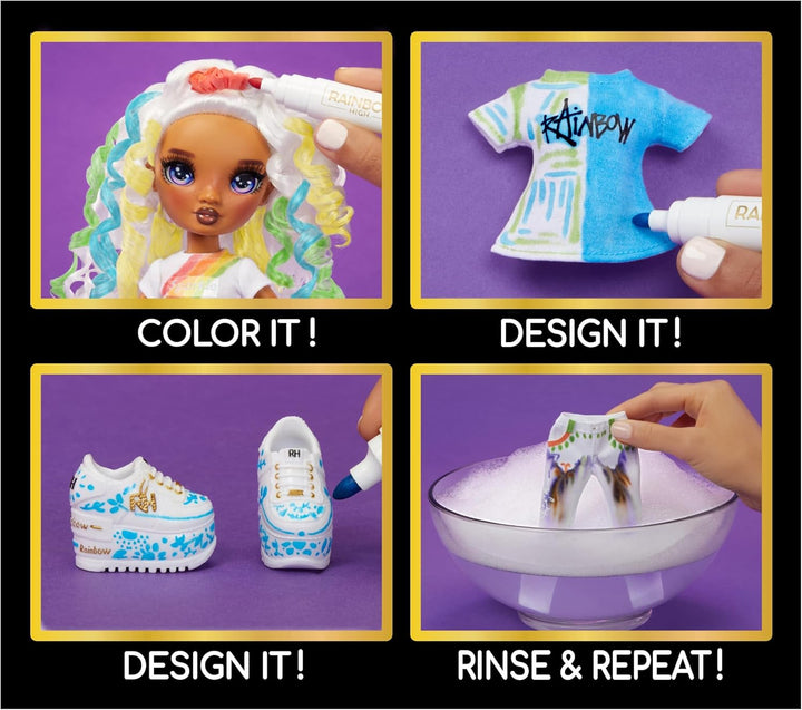 Rainbow High Color & Create DIY Modepuppe - Lila Augen, Locken, extra Top & Schuhe, abwaschbare Rege