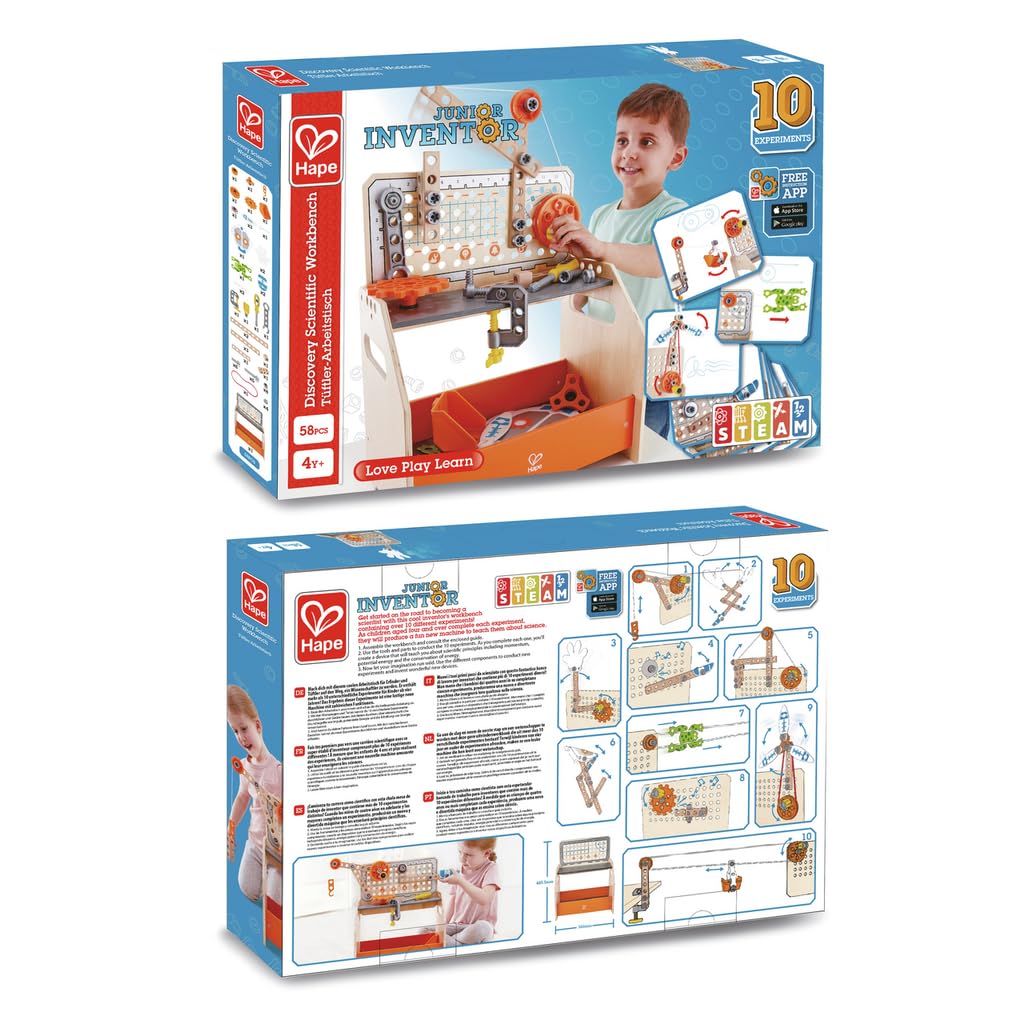 Hape Junior Inventor Tüftler-Arbeitstisch Experimentierset, Mint-Spielzeug, ab 4 Jahre 36 x 24,5 x 4