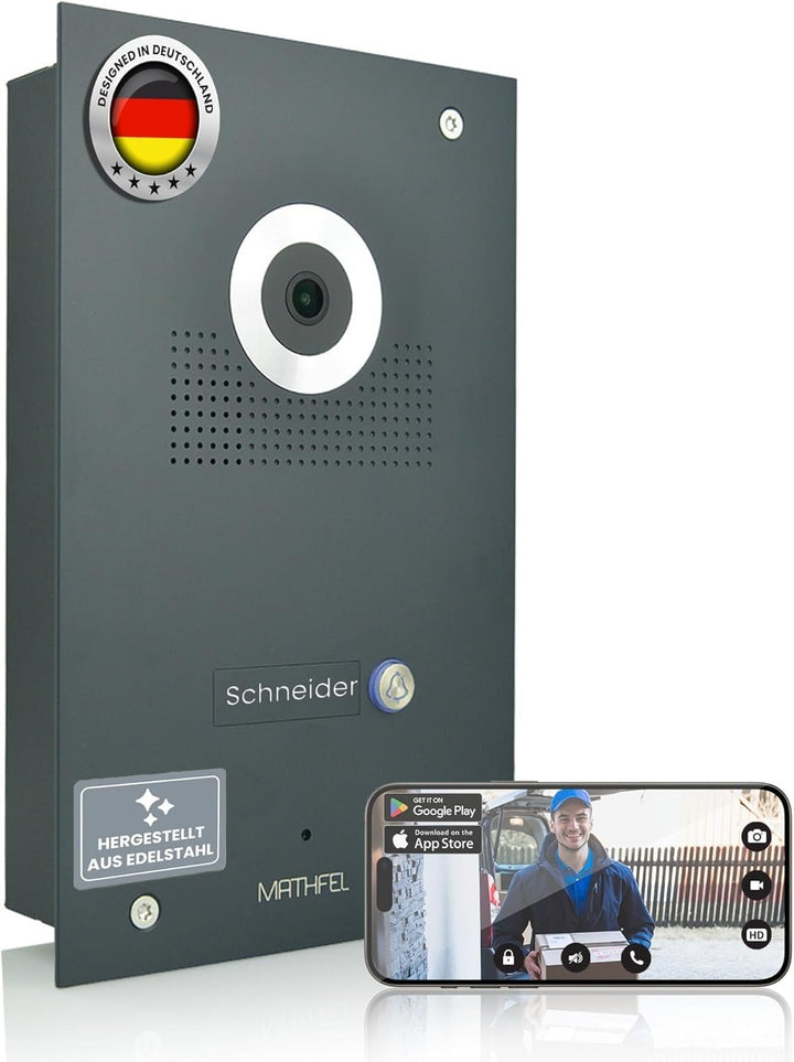 Mathfel IP WLAN Video Türsprechanlage 1-Familienhaus Anthrazit Unterputz - 170° Weitwinkel, Full-HD,
