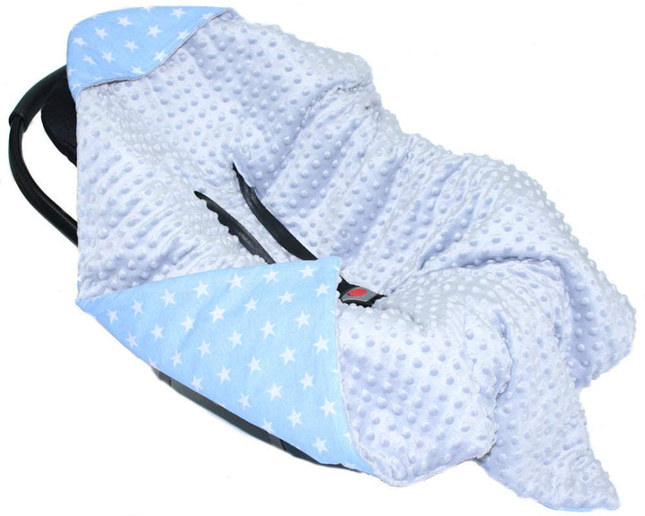 Baby Einschlagdecke MINKY-WEIssE STERNE- mit Kapuze 90x90 cm Babyschale Decke (Auf BLAU mit GRAU)