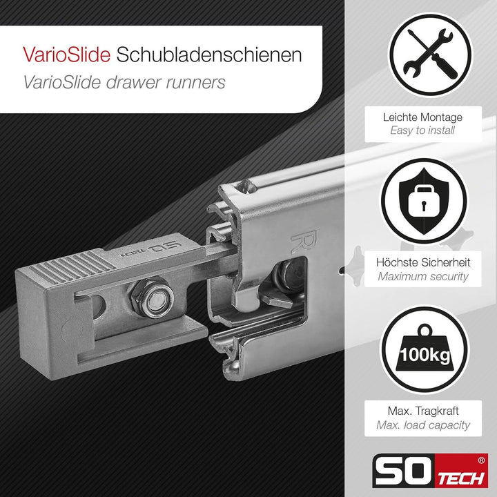 1 Paar SOTECH Schwerlastauszüge VarioSlide KV2-100-H53-L950-EH 950 mm mit Lock-in/out Einrastfunktio