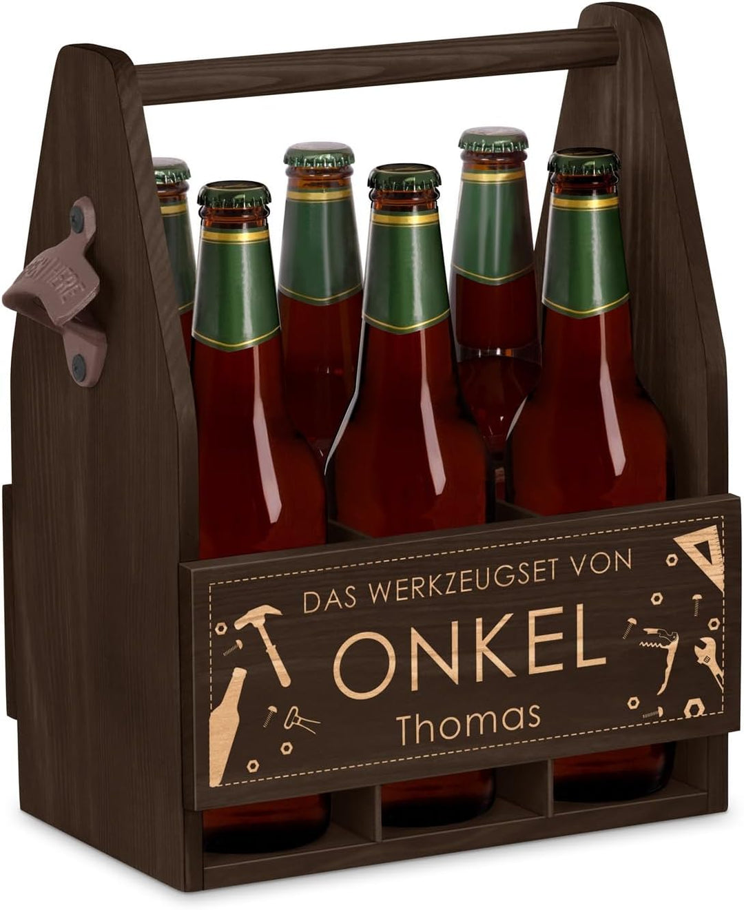 Maverton Bierträger für 6 Flaschen 0,5L + Gravur - Männerhandtasche mit Flaschenöffner - Grösse: 25x