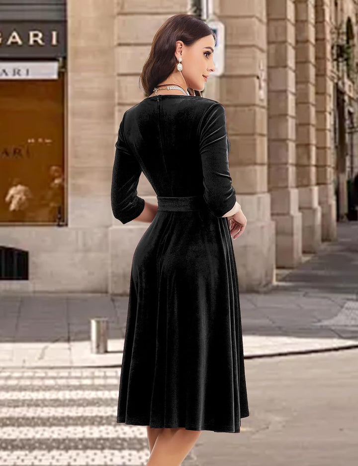 Bbonlinedress Rockabilly Kleider Damen 3/4 arm V-Ausschnitt Midi Langarm Festliche Kleider für Hochz