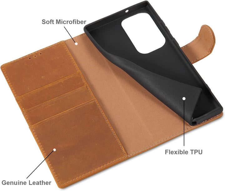 LENSUN Echtleder Hülle für Samsung Galaxy S23 Ultra, Handyhülle [Echtes Leder] [Magnetverschluss] [R