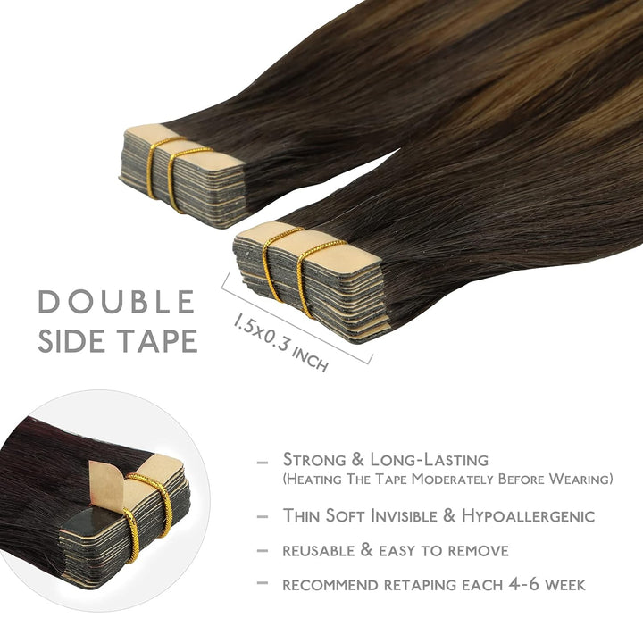 WENNALIFE Tape Extensions Echthaar, 20pcs 40g 30cm 12 Zoll Balayage Dunkel Braun to Chestnut Braun R