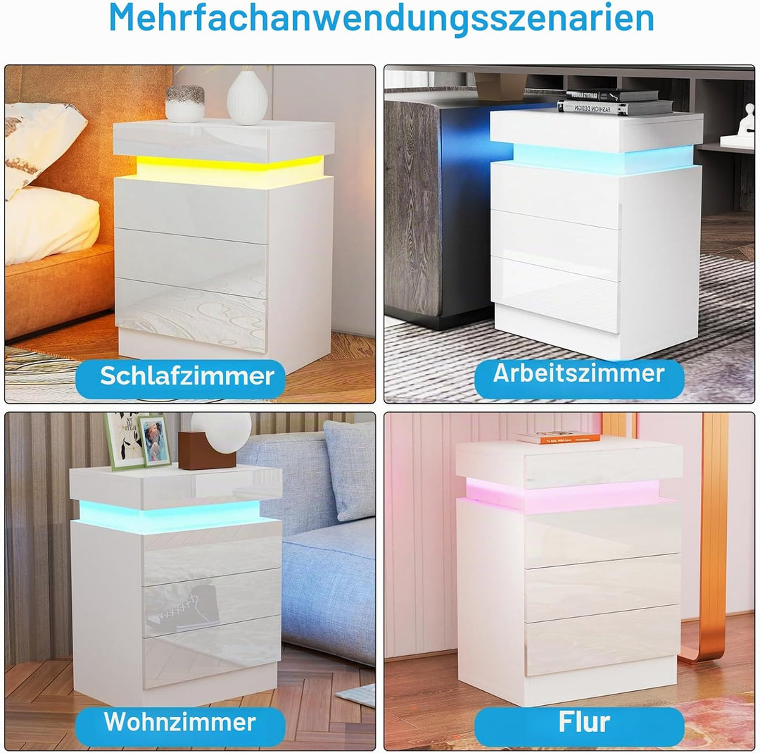 Lvhcmfohm Nachttisch Weiss 2er Set, Nachtschrank mit Led Licht, Nachtkommode mit 3 Schubladen und Sc