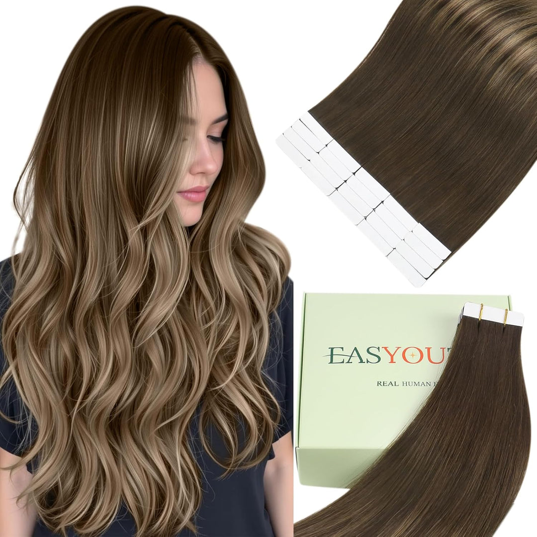 Easyouth Echthaar Tape Extensions Balayage Braun Extensions Echthaar Tape Dunkelste Braun Ombre Mitt