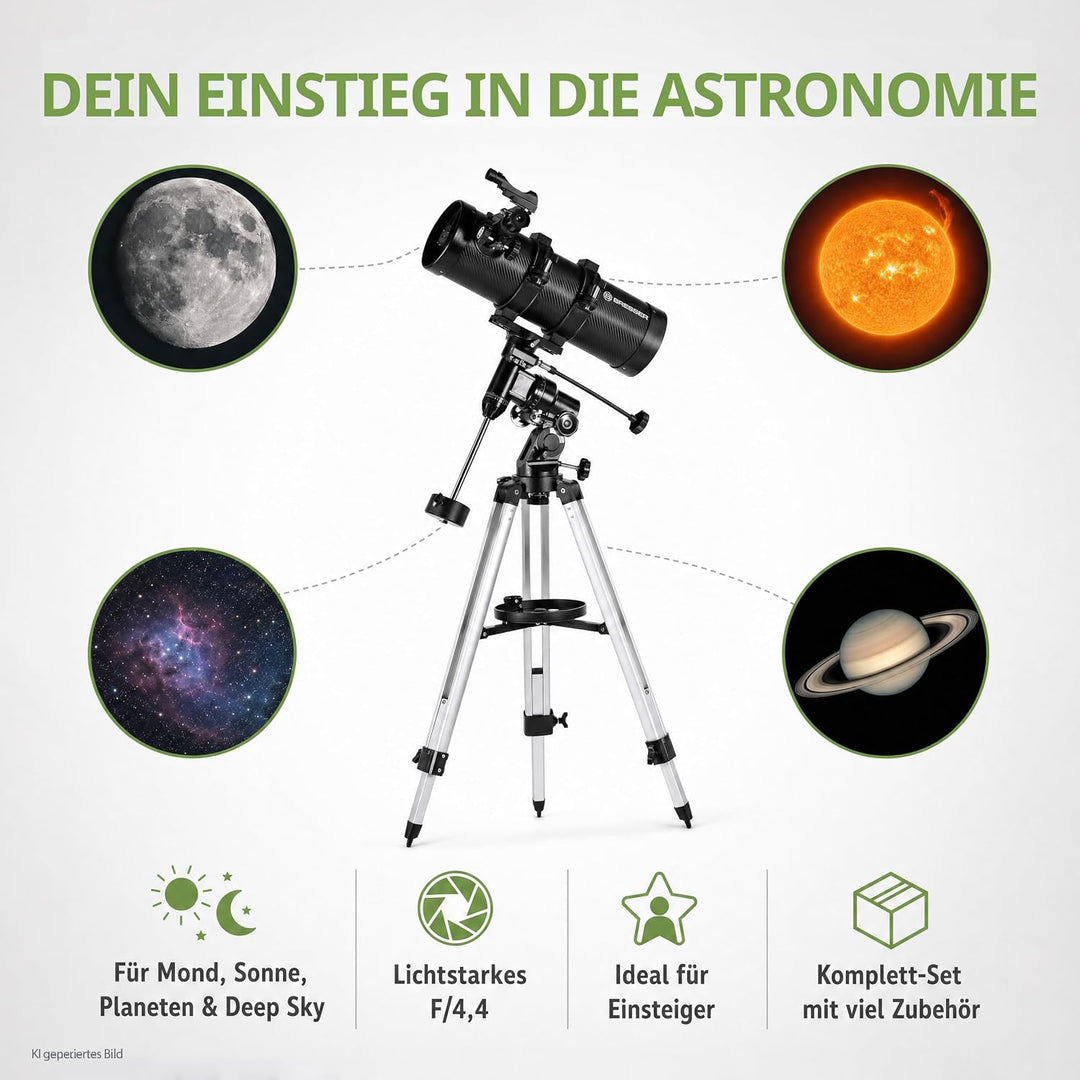 Bresser Spiegelteleskop Pluto EQ 114/500 für Jung und Alt mit Smartphone Kamera Adapter inklusive St