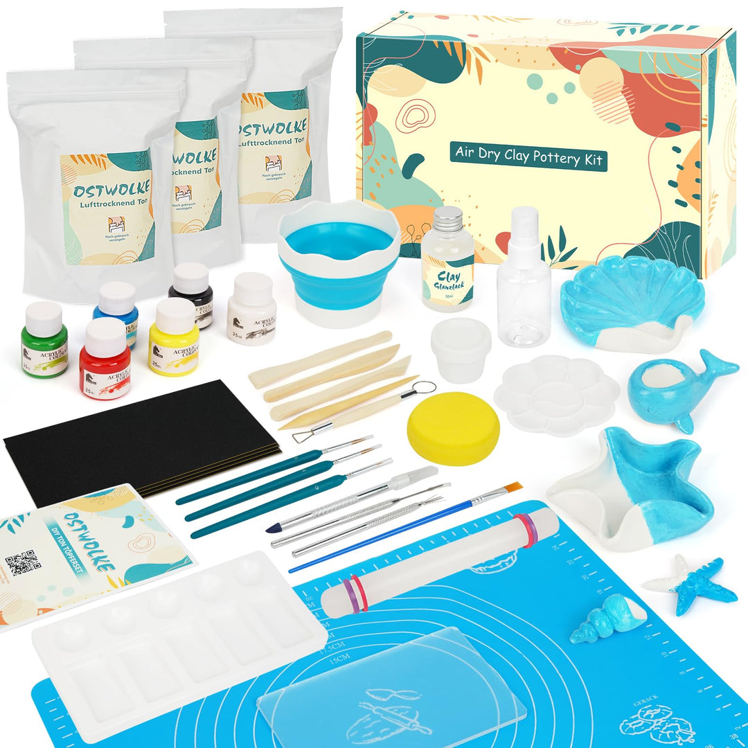 OSTWOLKE Töpferset für Zuhause für Anfänger - Lufttrocknend. Pottery Set für Erwachsene, Töpfern Zuh
