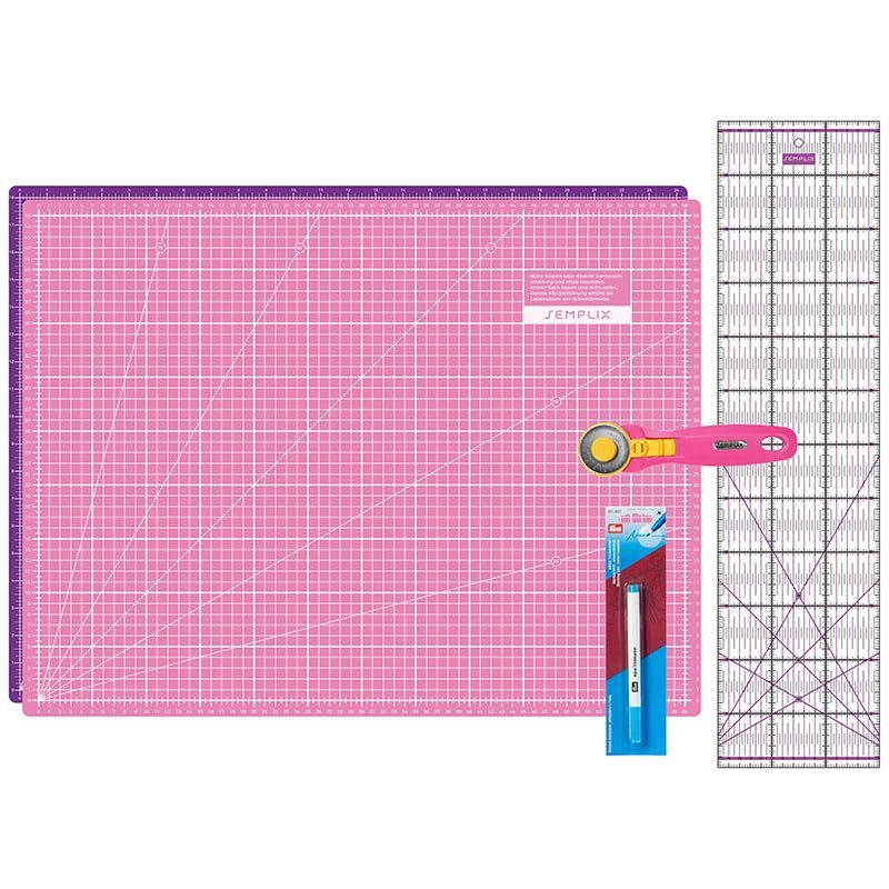 Semplix Schneidematten Set A2 Rollschneider Lineal Prym (pink/lila) | A2 Schneidematte 60x45 cm selb