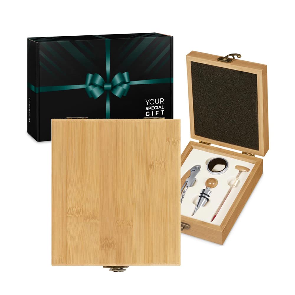Maverton Weinöffner-Set Weinset Sommelier Set - Geschenkbox Holzbox + 4er Weinzubehörset - aus Bambu