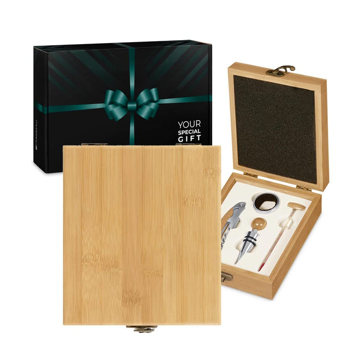 Maverton Weinöffner-Set Weinset Sommelier Set - Geschenkbox Holzbox + 4er Weinzubehörset - aus Bambu