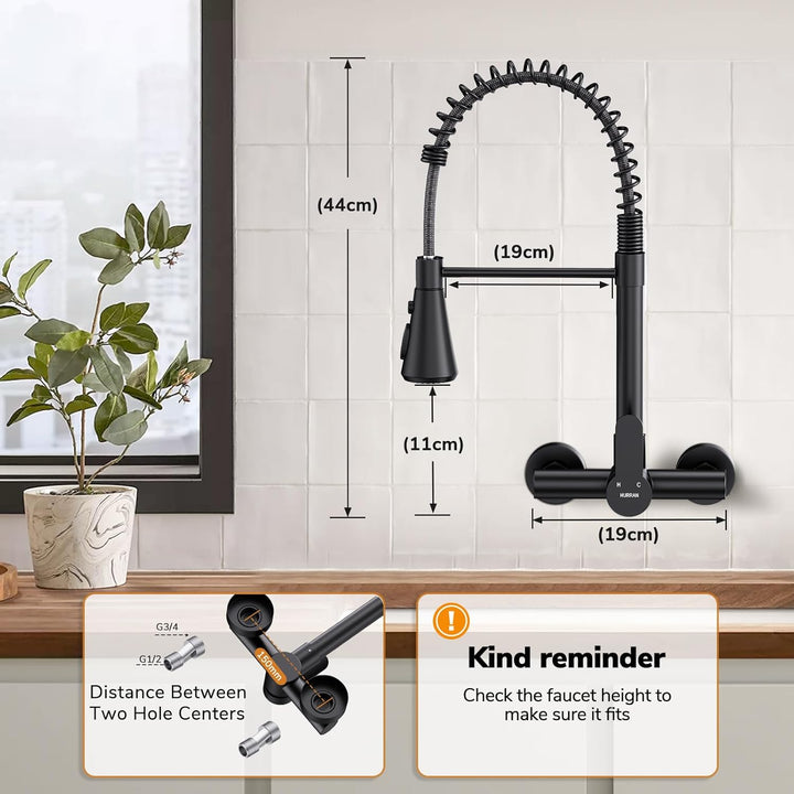 HURRAN Wasserhahn Wandmontage, Küchenarmatur mit 3 Auslaufarten, 360° Schwenkbarer Wasserhahn Küche