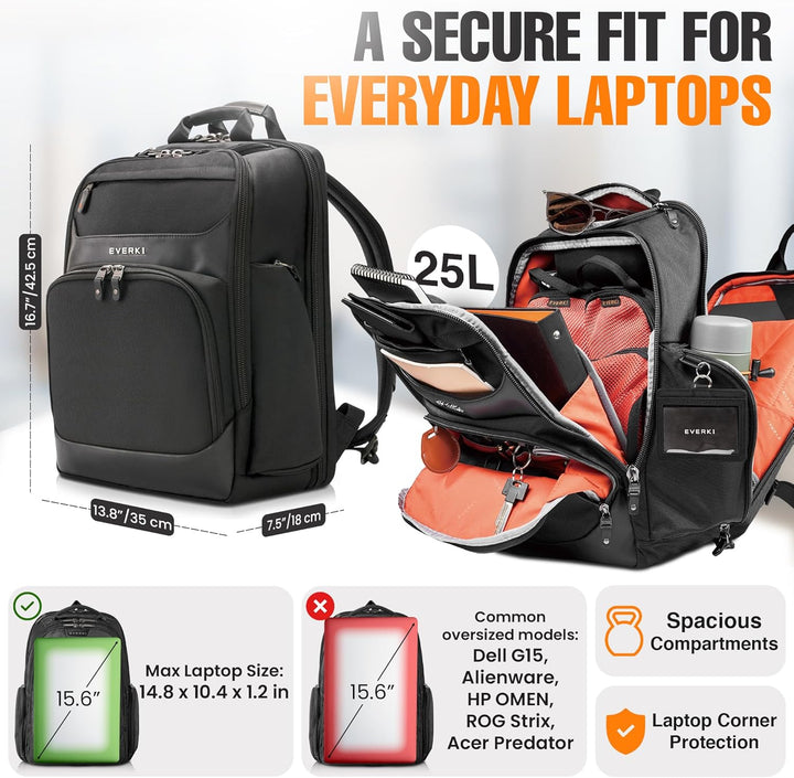 Everki Onyx Business Laptop‑Rucksack | 15,6″ Laptopfach, 25L, ideal für Arbeit & Reise – Schwarz 15.