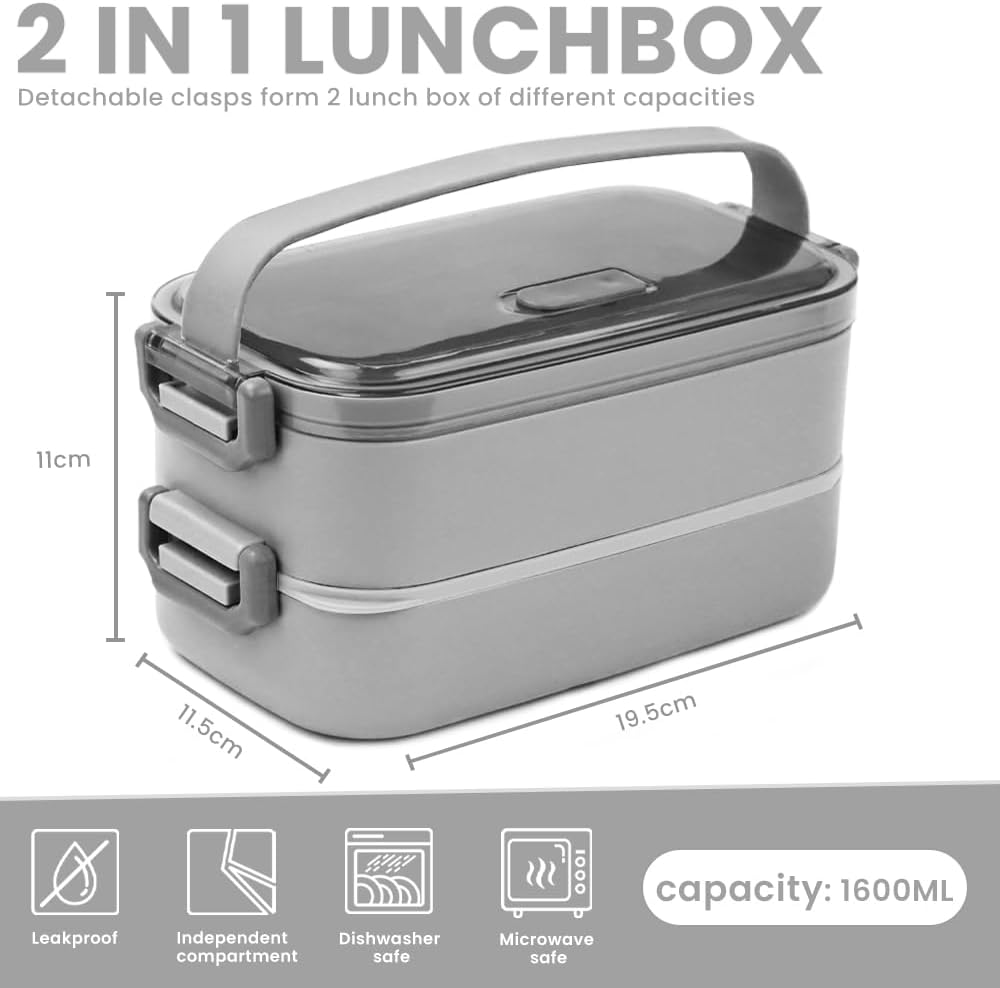 Bugucat Lunchbox 1600ML, 3 in 1 Bento Box Brotdose Auslaufsicher Luftdichte Brotzeitbox mit Fächern