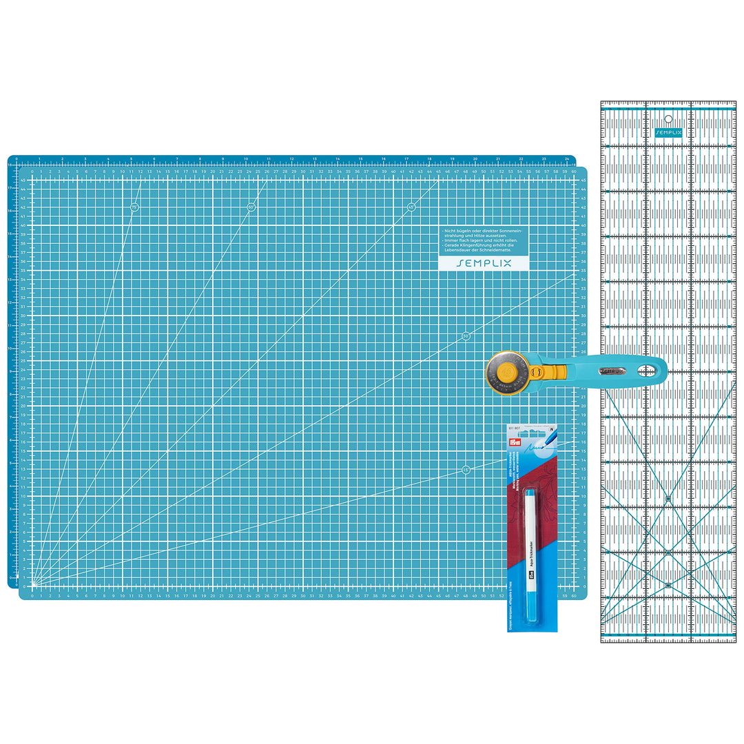 Semplix Schneidematten Set A2 Rollschneider Lineal Prym (türkis/petrol) | A2 Schneidematte 60x45 cm