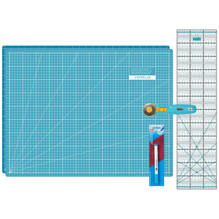 Semplix Schneidematten Set A2 Rollschneider Lineal Prym (türkis/petrol) | A2 Schneidematte 60x45 cm