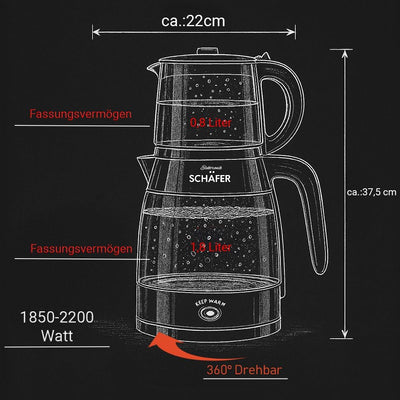 Teekocher Wasserkocher Edelstahl - Schwarz Glänzend - mit Teesieb Abschaltautomatik und Warmhaltefun