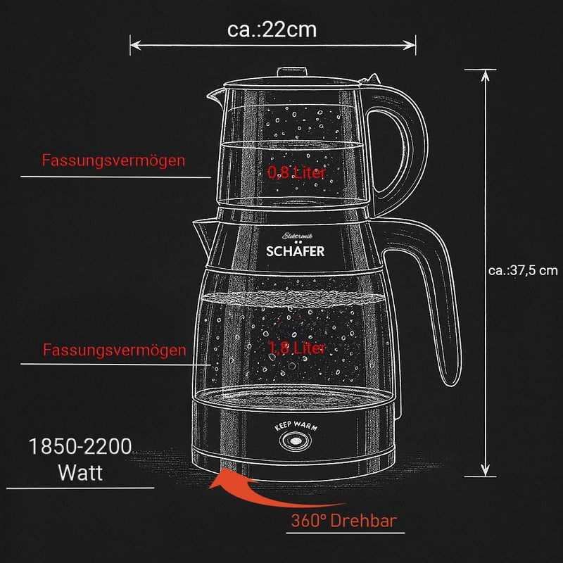 Teekocher Wasserkocher Edelstahl - Schwarz Glänzend - mit Teesieb Abschaltautomatik und Warmhaltefun