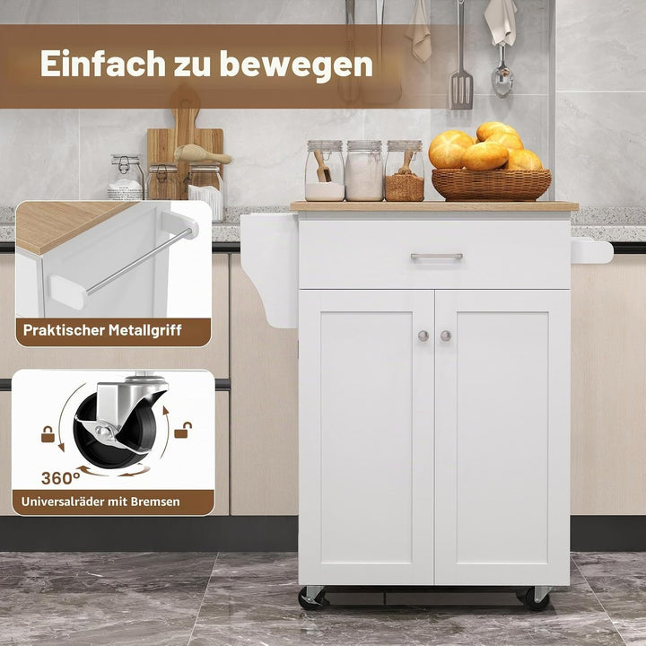 KOMFOTTEU Servierwagen mit Rollen, Gewürzregal &amp; Handtuchhalter, Küchenwagen mit Schublade &amp; verstel