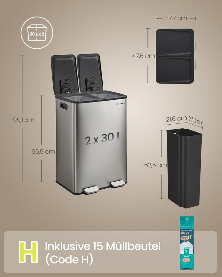 SONGMICS Mülleimer Küche, 2 x 30 Liter, 2 Fächer, Abfalleimer, Tretmülleimer, Küchenmülleimer mit So