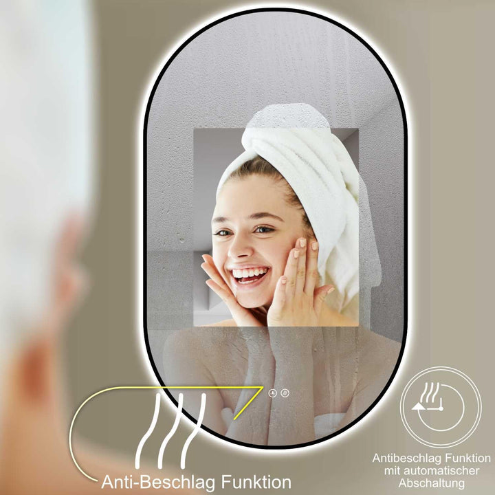 HOKO® Design LED ANTIBESCHLAG Spiegel oval 50 x 90 cm + Metall Rahmen Schwarz HOCH + QUER Montage mö