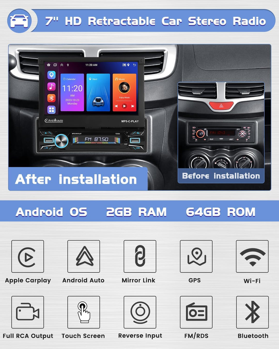 Hikity 2G 64G Android13 1Din Radio mit Automatisch Ausfahrbarem Bildschirm, 7Zoll Autoradio Navi 1Di