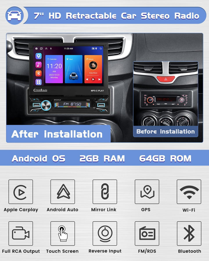 Hikity 2G 64G Android13 1Din Radio mit Automatisch Ausfahrbarem Bildschirm, 7Zoll Autoradio Navi 1Di