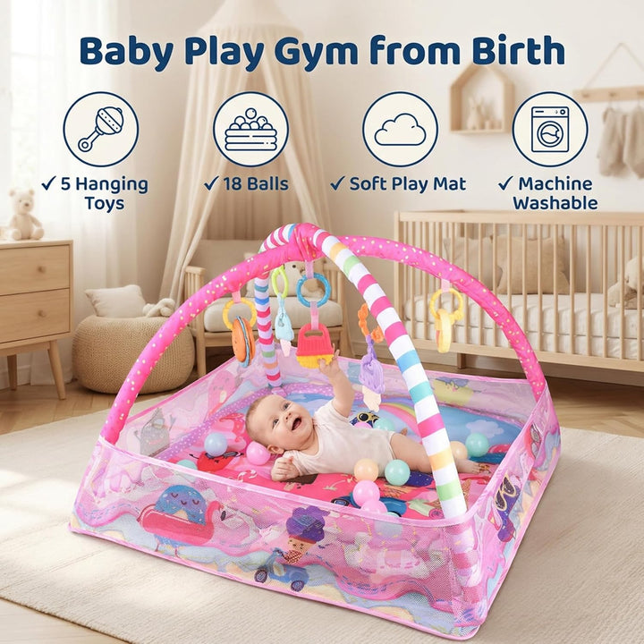 Bebamour Baby Spielmatten Bodenturngeräte von Geburt an, 18 Bälle, 5PCS Hängespielzeug, weiche Baby