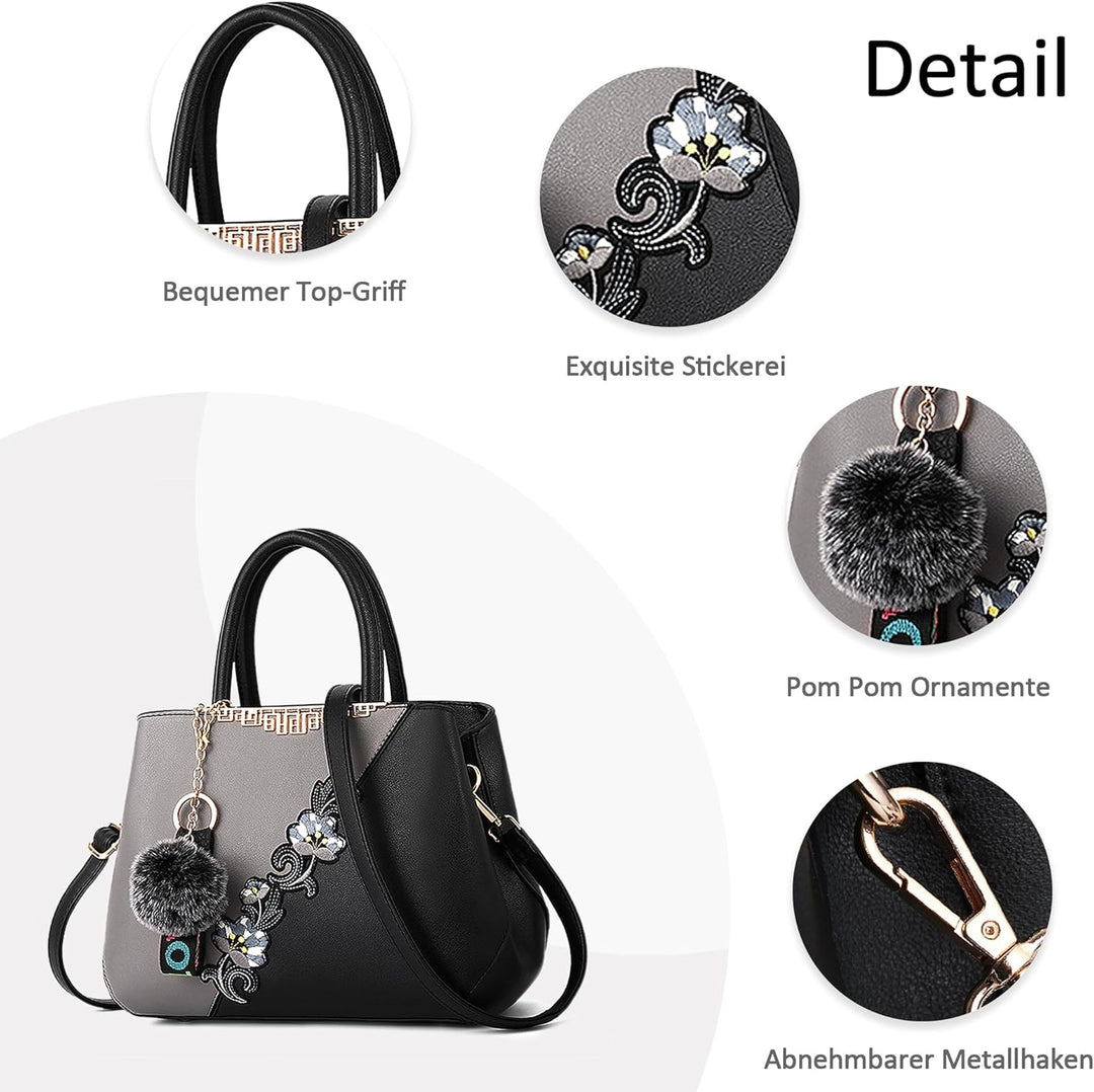 DORRISO Damen Handtasche Mode Stickdesign Schultertasche Grosse Kapazität Umhängetasche Casual Reise