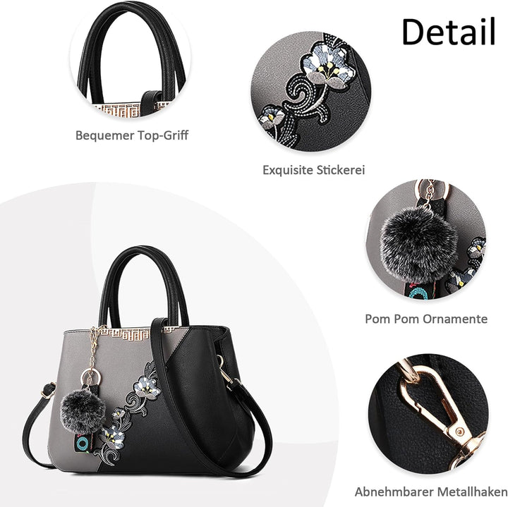 DORRISO Damen Handtasche Mode Stickdesign Schultertasche Grosse Kapazität Umhängetasche Casual Reise