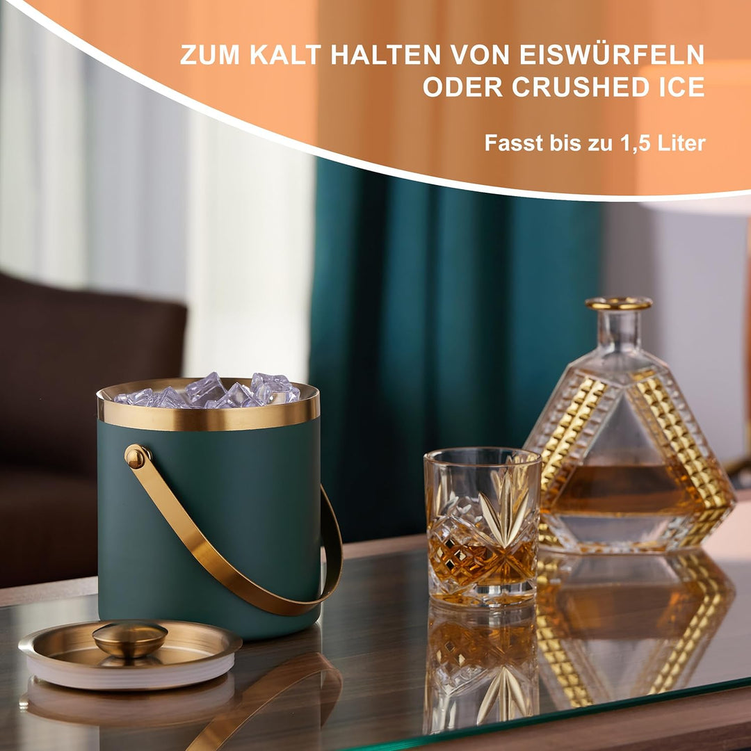 Relaxdays Eiswürfelbehälter, Edelstahl, doppelwandig, Eiseimer mit Deckel & Henkel, 1,5 l, Eiswürfel