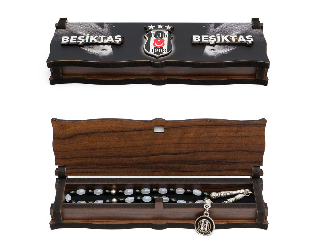 Gök-Türk Box Schatulle MIT Gravur aus Holz Handgemacht & Tesbih Gebetskette 'Besiktas' für Fussballf