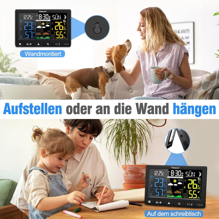 Geevon Wetterstation Funk mit Aussensensor, DCF-Funkuhr, Grosses LCD 350° Ablesewinkel für Innen und