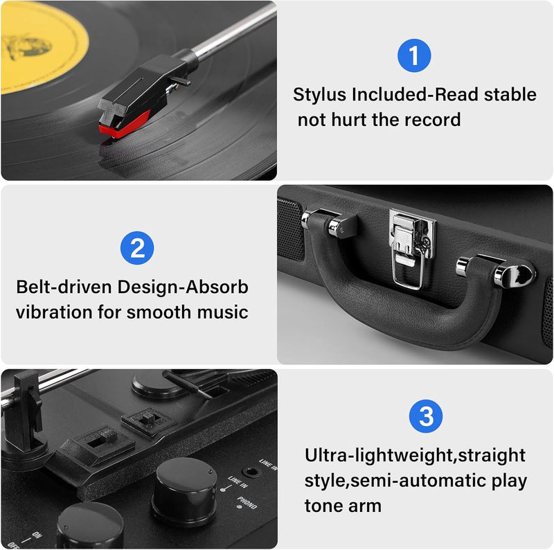 DIGITNOW! Belt-Drive 3 Gang Portable Stereo Turntable with Built-in Speakers, Supports RCA Output/3.