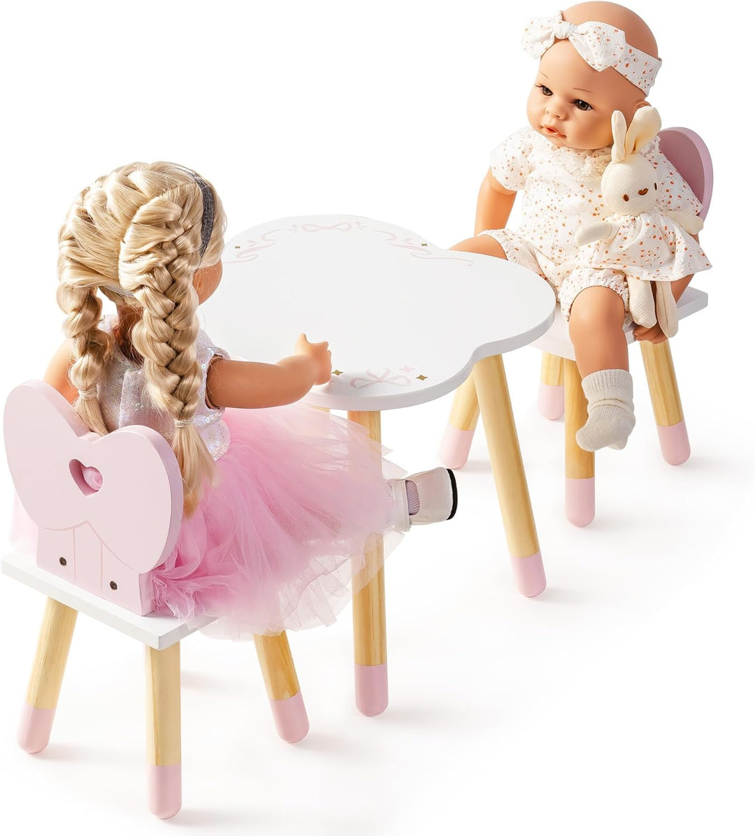 ROBOTIME Holz Puppen Küche Esstisch und 2 Stühle Set, Puppen Esszimmer Set, Holz Puppenmöbel für 16-