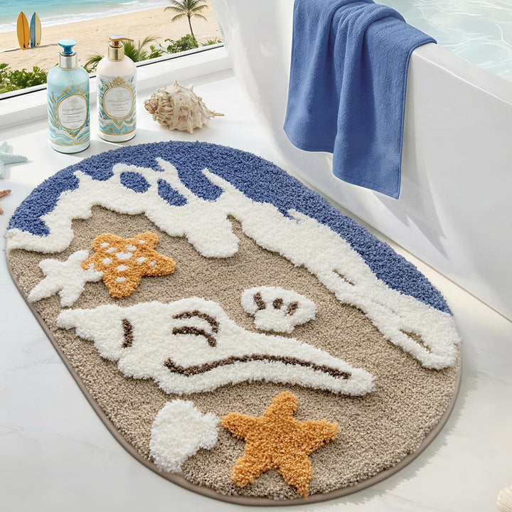 DEXI Ovale Badezimmerteppich 54 x 86 cm, Badematte rutschfest Absorbierende mit Seestern-Strand Must