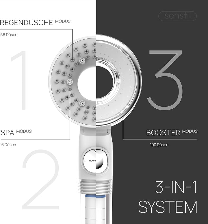 senstil® Premium Duschkopf mit Schlauch | bis zu 60% wassersparende Handbrause | 3 Strahl Modi | SPA