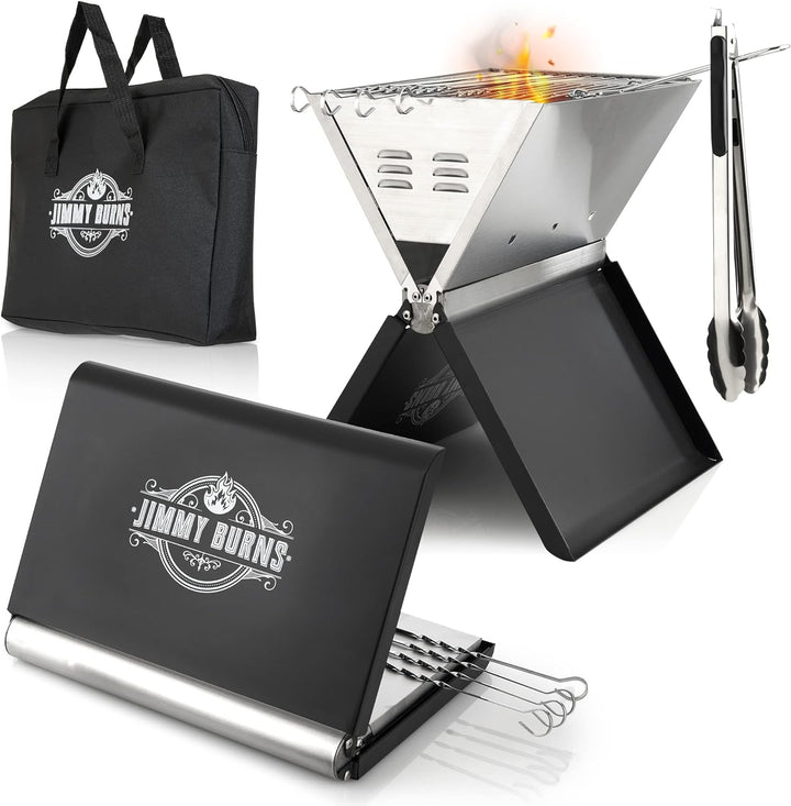 JIMMY BURNS Campinggrill Holzkohle Edelstahl | [Notebook Design] | für 2-4 Personen | Barbecue Klapp