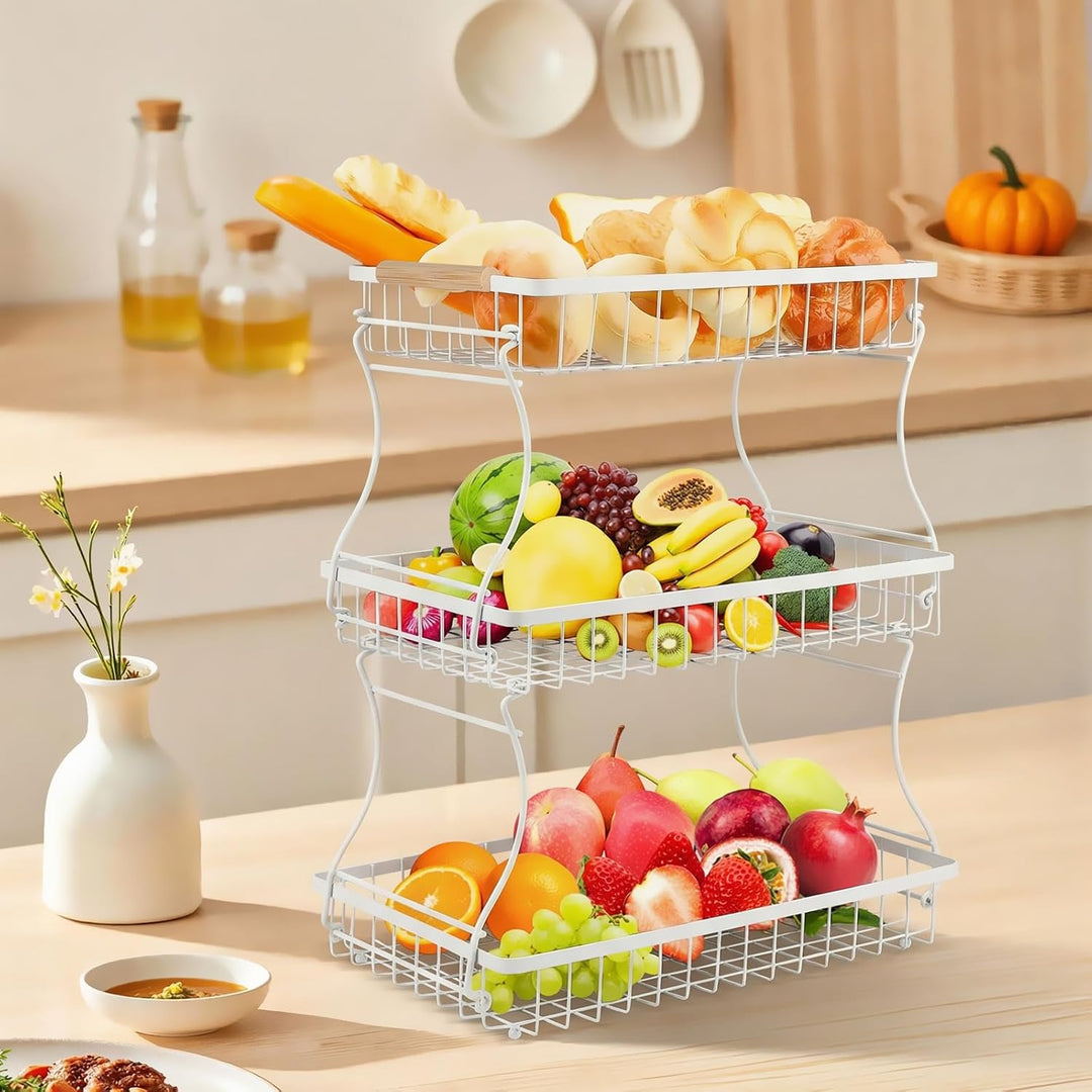 VINATO Obstschale, 3-stöckige Moderner Obstkorb mit Holzgriffen, für Küche, Bad & Mehr – Ideal für O