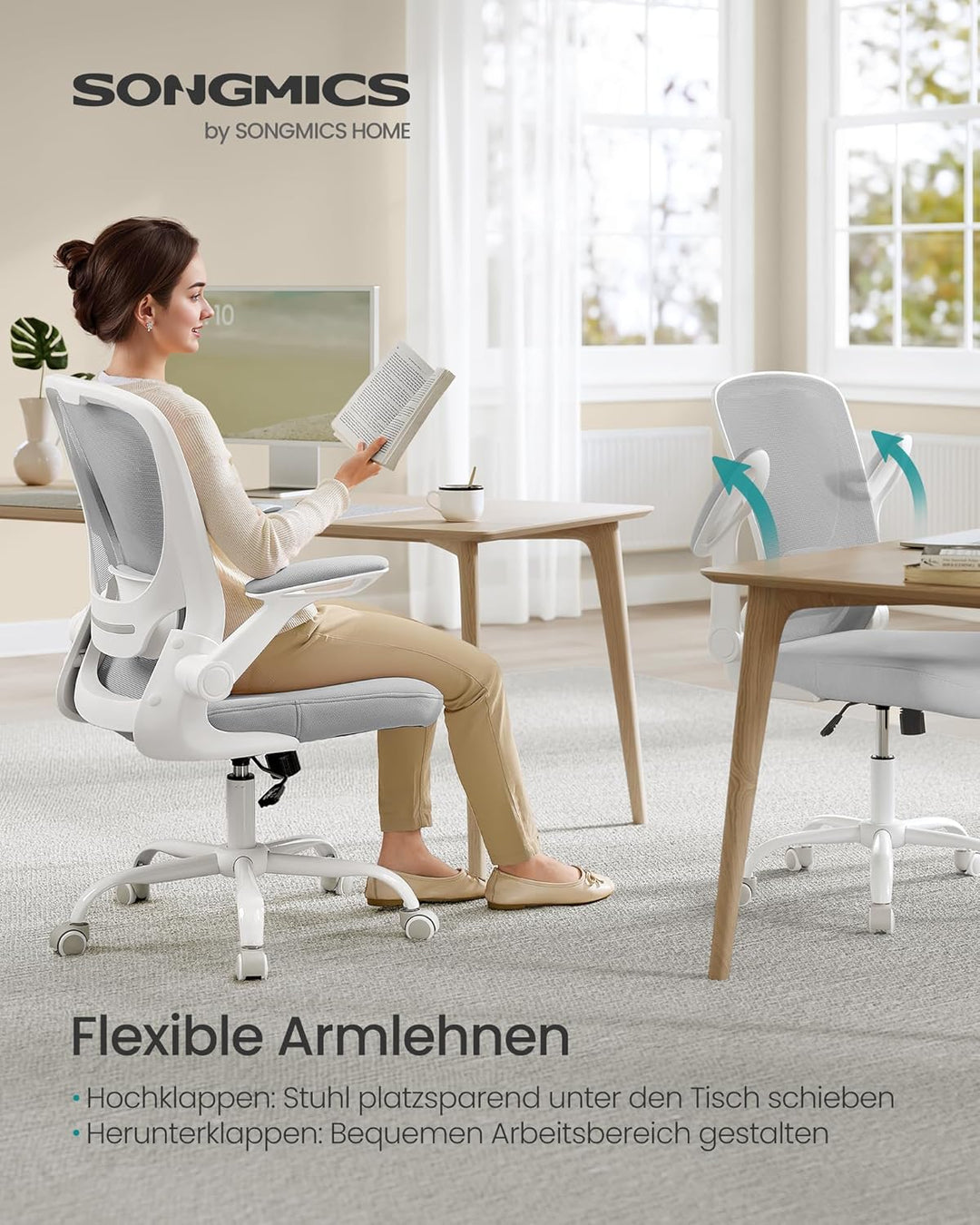SONGMICS Bürostuhl ergonomisch, Drehstuhl mit Mesh, Lenden- und Kopfstütze, Wippfunktion, 53 cm gros