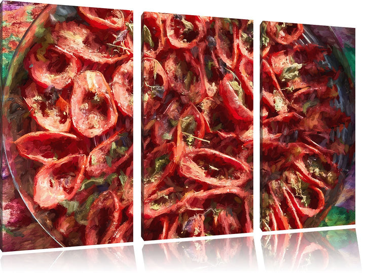 Pixxprint Tomaten Olivenöl Kräuter als Leinwandbild/Grösse: 3 Teilig (120x80) cm/Wandbild/Kunstdruck