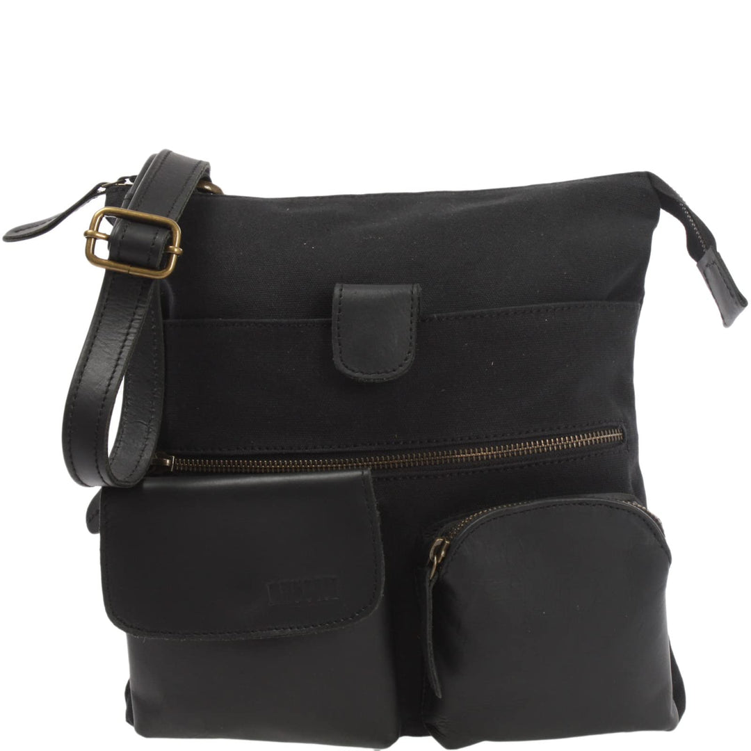 LECONI Umhängetasche Canvas &amp; Leder kleine Schultertasche Handtasche Damen + Herren Vintage Retro St