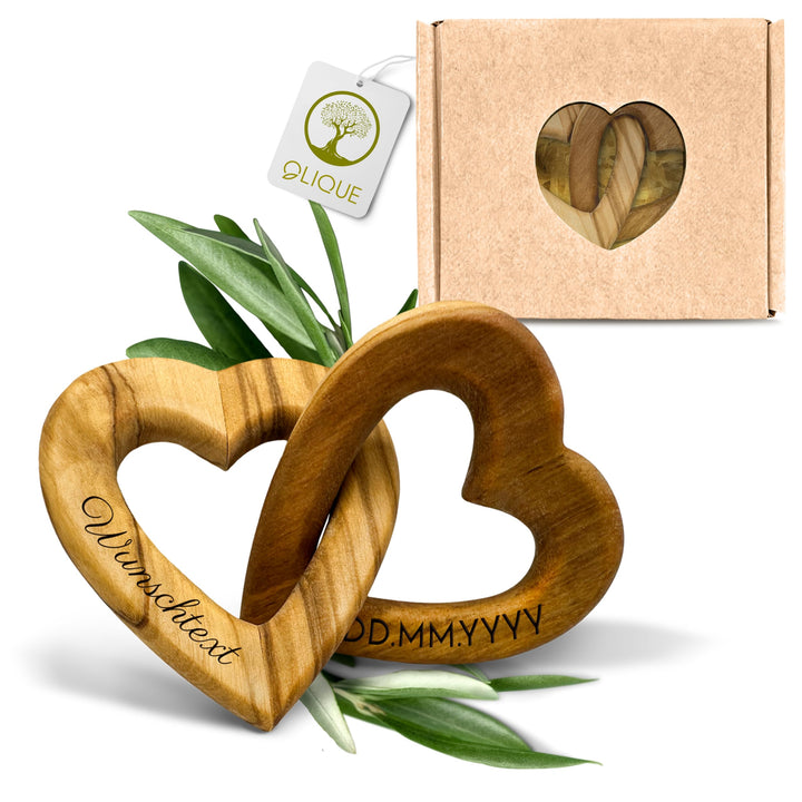 Holzherzen personalisiert, Olivenholz - Verbundene Holz Herzen mit Gravur als individuelles Geschenk