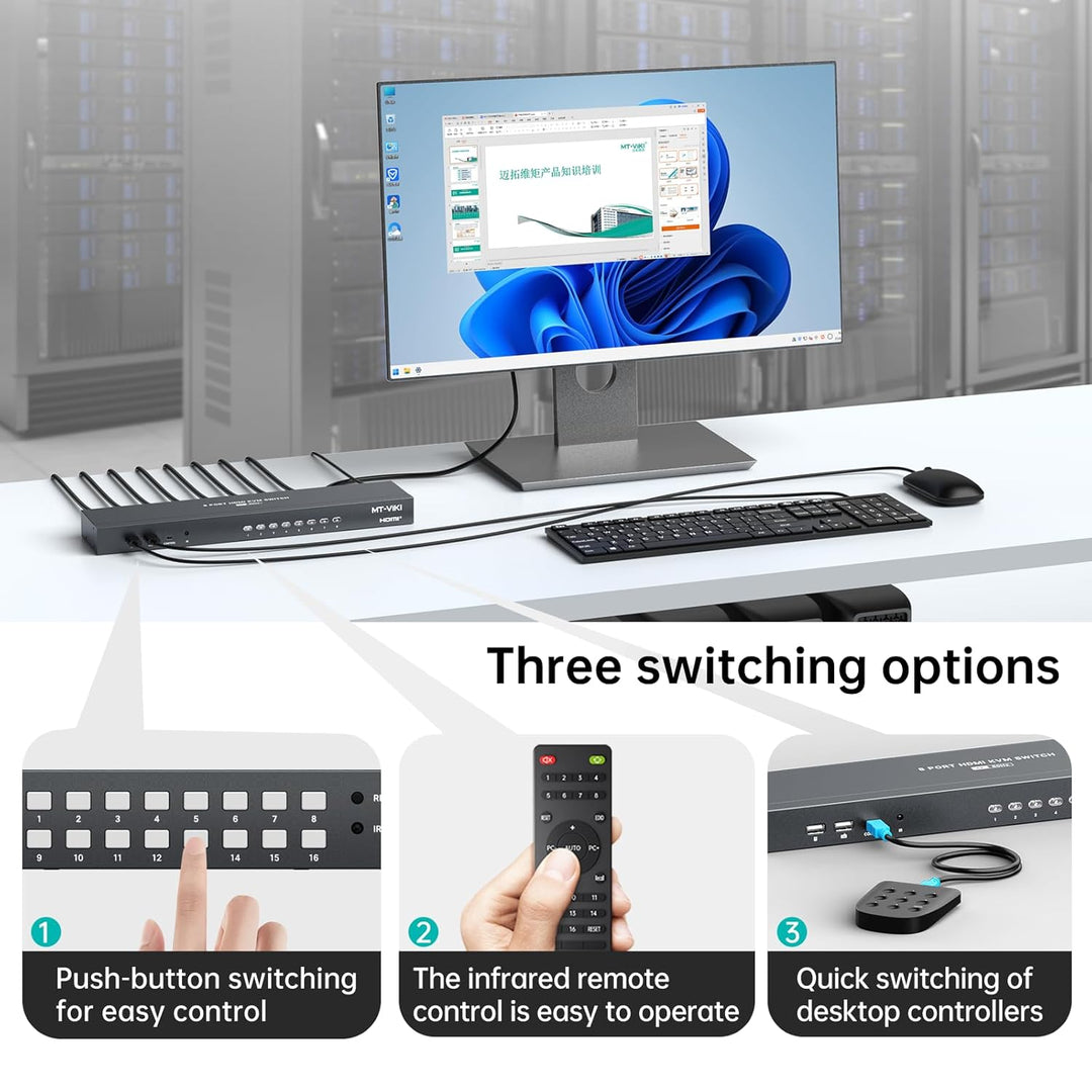 MT-VIKI 4K@60Hz HDMI KVM Switch 8 Port mit 8 Kabeln & 3,5mm Audio 19'' 1U Rackmount-KVM-Switch mit 4