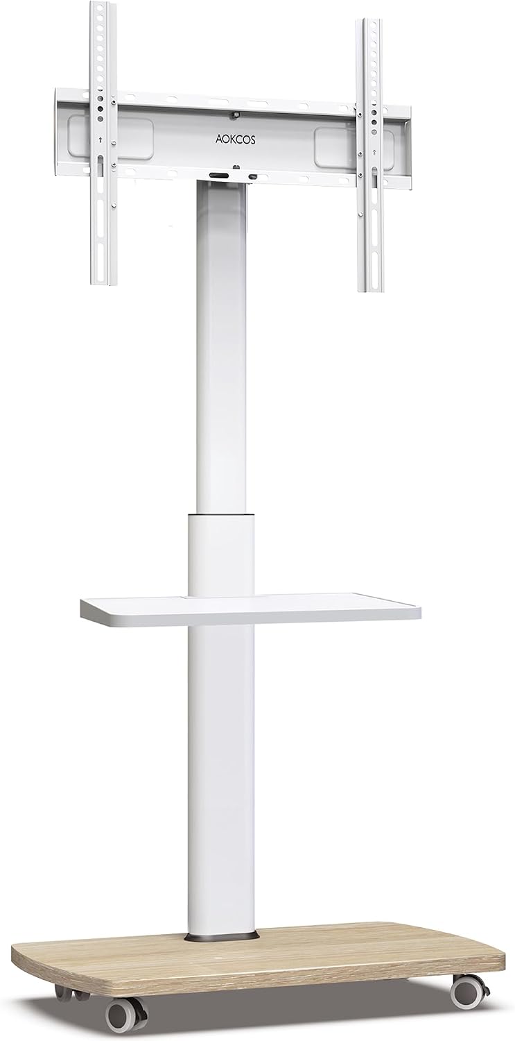 AOKCOS TV Ständer Rollbar mit Holzablage Regal, Fernsehständer auf Rollen für 32-65 Zoll Fernseher,