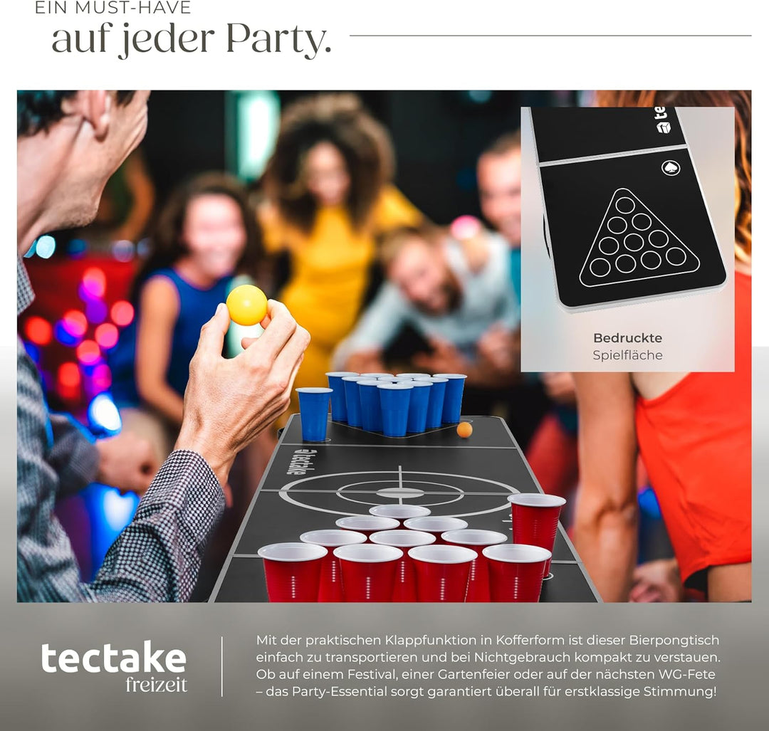 tectake® Bierpong Tisch, Beer Pong Tisch, inkl. 100 Becher (50 rot & 50 blau) und 6 Bälle, höhenvers